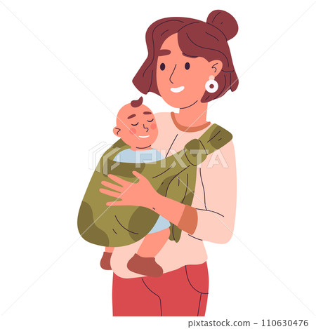 Young mother with baby. Mom carrying baby in sling, cute toddler in mother hands flat vector illustration. Woman with baby in sling 110630476