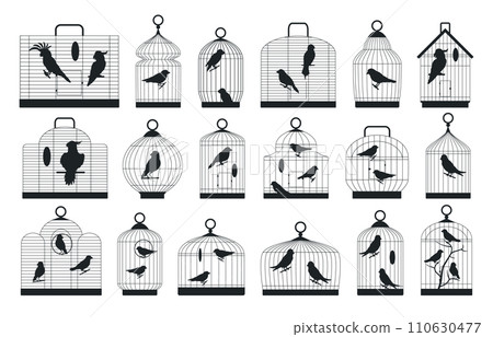 Birds cages silhouettes. Domestic birds sitting in metal cages silhouette, cockatoo, finch, canary and budgie flat vector illustration set. Black ink cages collection 110630477