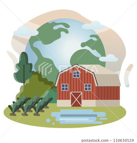 Eco farming illustration. Barn, earth, plant, water. Editable vector graphic design. 110630529