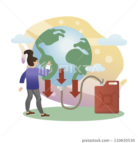 Depletion of natural resources illustration. Woman, earth, arrow, canister. Editable vector graphic design. 110630530
