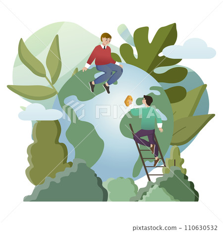 Ecosystem illustration. People, earth, plant, stairway. Editable vector graphic design. 110630532