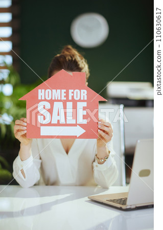 stylish woman real estate agent in modern green office 110630617