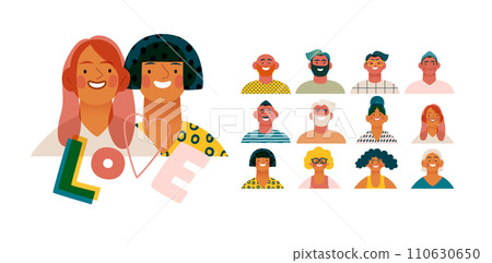 Valentine: Spectrum of Love - modern flat vector concept illustration of a vibrant array of individual portraits celebrating love's diverse expressions. Metaphor for the universal language of love 110630650