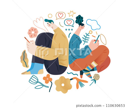 Valentine: Digital Whispers - modern flat vector concept illustration of a couple seated close, messaging each other. Metaphor for the intimacy of modern digital communication 110630653