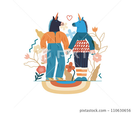 Valentine: Playful Connection - modern flat vector concept illustration of a couple in unicorn costumes holding hands. Metaphor of love, whimsical and imaginative side of romance Valentine: Playful Connection - modern flat vector concept illustration of a couple in unicorn costumes holding hands. Metaphor of love, whimsical and imaginative side of romance 110630656