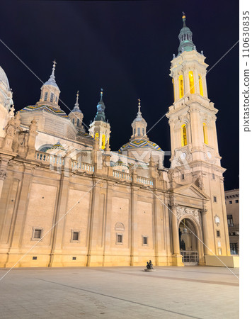 Basilica of Our Lady of the Pillar illuminated at night, Zaragoza, Spain. Basilica of Our Lady of the Pillar illuminated at night, Zaragoza, Spain. 110630835