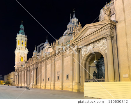 Basilica of Our Lady of the Pillar illuminated at night, Zaragoza, Spain. Basilica of Our Lady of the Pillar illuminated at night, Zaragoza, Spain. 110630842