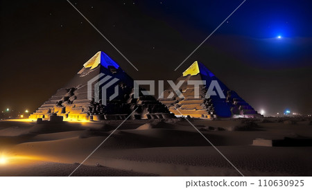 Pyramids of Giza, Egypt, view of the pyramids at night. AI generated 110630925