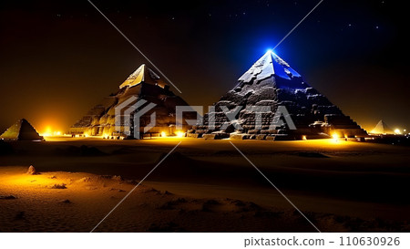 Pyramids of Giza, Egypt, view of the pyramids at night. AI generated 110630926