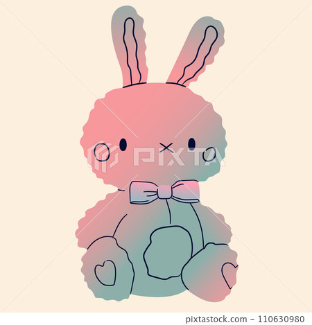 Lovely pink bunny rabbit toy sitting.Cute animal character.Happy Easter day,Valentine's day cartoon character design.Blue-pink gradient.Greeting card, print, design template. Vector 110630980