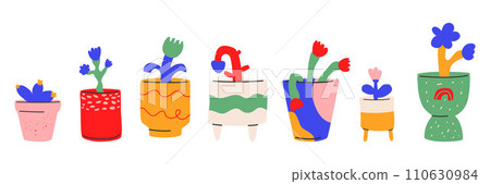 Abstract indoor plants in different ceramic pots.Simple colorful various domestic flowers in flowerpots.Modern pottery template for design.Vector illustration eps 10 110630984