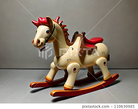 Vintage children's wooden rocking horse with colored paints. Generative AI 110630985