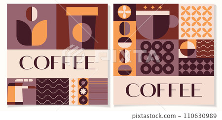 Coffee geometric posters in minimal retro style.International coffee day concept.Ideal for coffee shop,bakery,branding,decoration,cover design, decorative print, background.Vector 110630989