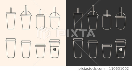 Coffee cup icon set isolated.Plastic cup icons collection.Disposable mug of different shapes and sizes.Plastic container for hot,cold drink,juice,tea.Ideal for logo,menu. Vector illustration Coffee cup icon set isolated.Plastic cup icons collection.Disposable mug of different shapes and sizes.Plastic container for hot,cold drink,juice,tea.Ideal for logo,menu. Vector illustration 110631002