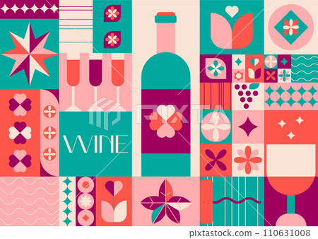 Wine seamless pattern in geometric style.Good for branding, decoration of wine package, cover design, decorative print.Wine Tasting Concept. 110631008