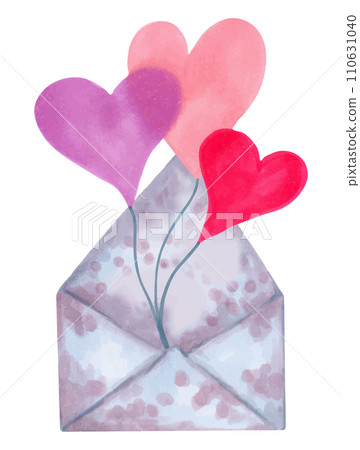 Paper envelope with hearts on a rope. Marker illustration in watercolor style. For Valentine's Day, Mother's Day. For holidays and weddings, engagement messages. Letter template. Hand drawn art. Paper envelope with hearts on a rope. Marker illustration in watercolor style. For Valentine's Day, Mother's Day. For holidays and weddings, engagement messages. Letter template. Hand drawn art. 110631040