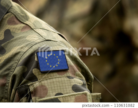 The Flag of Europe on military uniform. Collage. 110631082