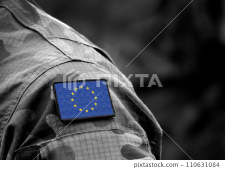 The Flag of Europe on military uniform. Collage. The Flag of Europe on military uniform. Collage. 110631084