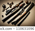 An antique firearm disassembled flintlock shotgun from the 18th century lies on a monochrome background. Generative AI 110631096