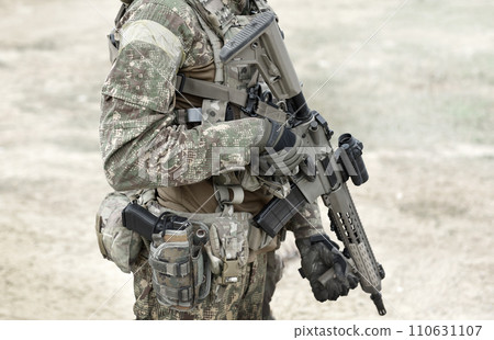Soldier with assault rifle. Universal military illustration. Empty space for text Soldier with assault rifle. Universal military illustration. Empty space for text 110631107