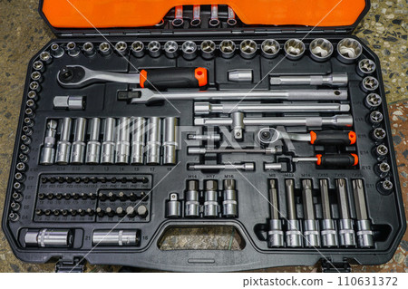 Universal tool box, tool kit with set of hex, torx and screwdriver bits and ratchet wrench sockets 110631372