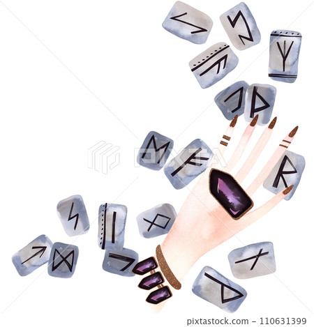 Rune divination. A feminine graceful hand with rings and bracelets lays out stones to predict the future. Isolated watercolor hand drawn illustration with golden leaf on white background Rune divination. A feminine graceful hand with rings and bracelets lays out stones to predict the future. Isolated watercolor hand drawn illustration with golden leaf on white background 110631399