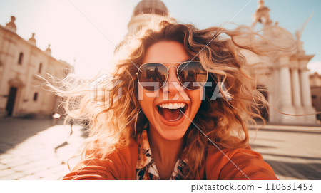 AI-generated content. Beautiful traveler caucasian girl in trendy clothes make selfie, smiling at camera Close up self portrait of joyful hipster woman in trendy clothes make selfie on Basilica Sancti 110631453