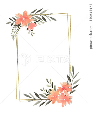 Watercolor floral rectangular frame with compositions of orange flowers and greenery, frame with gold texture. Hand drawn illustration of botanical template for greeting cards or wedding invitations, Watercolor floral rectangular frame with compositions of orange flowers and greenery, frame with gold texture. Hand drawn illustration of botanical template for greeting cards or wedding invitations, 110631471
