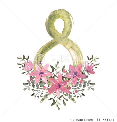 March 8, International Women's Day. Floral watercolor green 8 with pink flowers and greenery. Hand drawn illustration of botanical template for greeting cards or wedding invitations, mother's day March 8, International Women's Day. Floral watercolor green 8 with pink flowers and greenery. Hand drawn illustration of botanical template for greeting cards or wedding invitations, mother's day 110631484