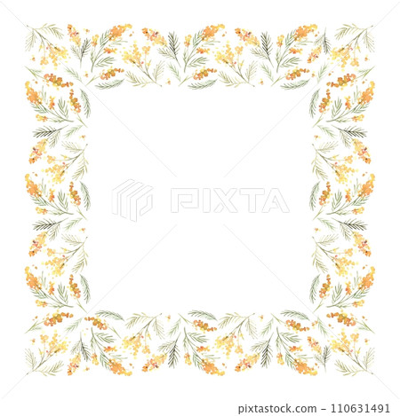 Watercolor floral square frame with beautiful yellow mimosa. Botanical illustration drawn by hand. Use for wedding design, greeting cards, March 8, Mother's Day, invitations, posters, logos. Watercolor floral square frame with beautiful yellow mimosa. Botanical illustration drawn by hand. Use for wedding design, greeting cards, March 8, Mother's Day, invitations, posters, logos. 110631491