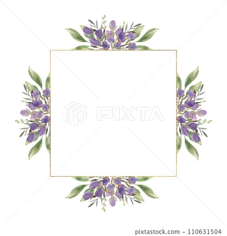 Watercolor floral frame with purple flowers and greenery. Hand drawn illustration of botanical template for greeting cards or wedding invitations, mother's day, birthday, march 8, posters, logos. 110631504