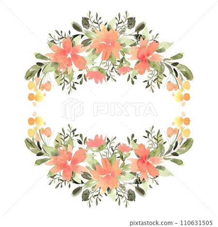 Watercolor floral round wreath of orange and pink flowers, with green leaves and twigs. Hand drawn illustration of botanical template for greeting cards or wedding invitations, mother's day, birthday, 110631505