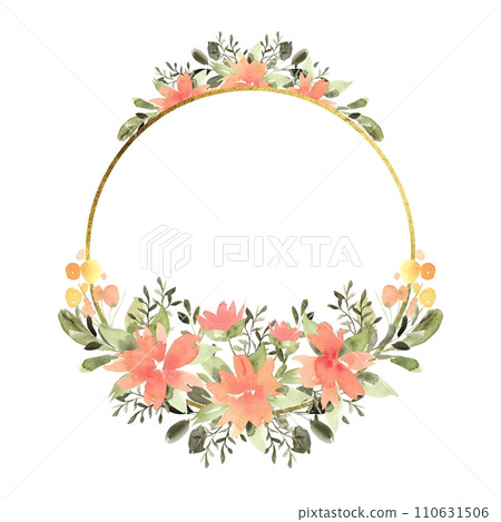 Floral watercolor round frame with orange, yellow flowers and greenery, frame with gold texture. Hand drawn illustration of botanical template for greeting cards or wedding invitations, mother's day,  110631506