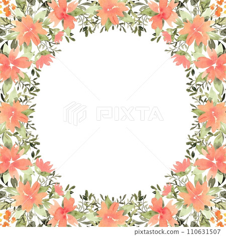 Watercolor floral frame from compositions of orange flowers with green leaves and branches. Hand drawn illustration of botanical template for greeting cards or wedding invitations, mother's day, birth 110631507