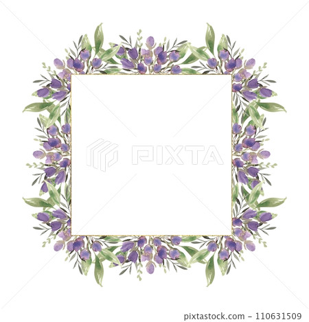Watercolor floral frame with purple flowers and greenery. Hand drawn illustration of botanical template for greeting cards or wedding invitations, mother's day, birthday, march 8, posters, logos. 110631509