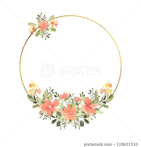 Floral watercolor round frame with orange, yellow flowers and greenery, frame with gold texture. Hand drawn illustration of botanical template for greeting cards or wedding invitations, mother's day,  110631510