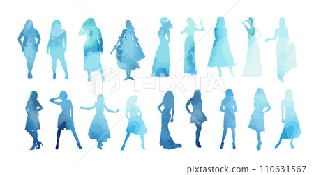 Silhouettes of girls in evening dresses. Fat and thin women. hand drawing. Not AI, Vector illustration 110631567