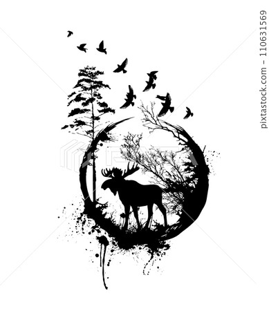 Abstract Elk with trees. hand drawing. Not AI. Vector illustration 110631569