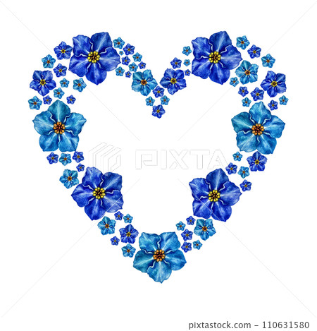 Blue floral heart with delicate forget me not flowers painted in watercolor. Illustration of flower composition for wedding invitations, card valentine's day, wedding, stickers, scrapbook, love 110631580
