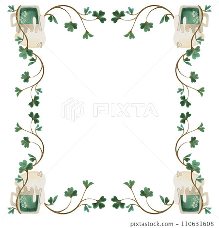 Frame of twigs of shamrock clover with mugs of green ale. Decoration for St. Patrick's Day. Isolated watercolor illustration on white background. Clipart. Frame of twigs of shamrock clover with mugs of green ale. Decoration for St. Patrick's Day. Isolated watercolor illustration on white background. Clipart. 110631608