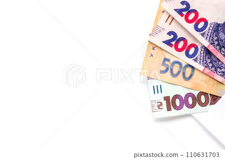 Ukrainian hryvnias of different denominations in an envelope on a white background. copy space 110631703