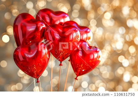 AI-generated content. Red heart shaped balloons on golden blurred background 110631750