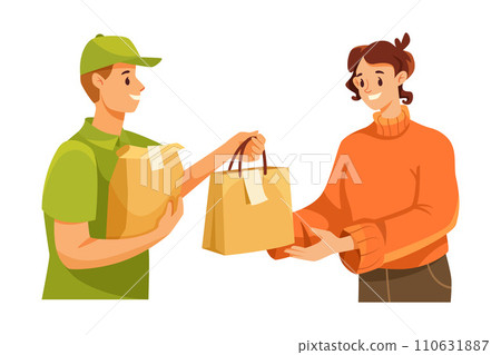 Man Courier Character Give Paper Bag to Woman Client as Food Delivery Service Vector Illustration 110631887