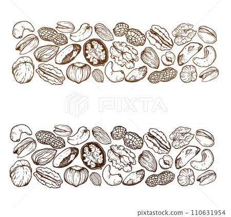 Vector line art border composition of mix nuts. Hand painted pistachio, walnut, hazelnut and almond on white background. Tasty food illustration for design, print, fabric or background. Vector line art border composition of mix nuts. Hand painted pistachio, walnut, hazelnut and almond on white background. Tasty food illustration for design, print, fabric or background. 110631954