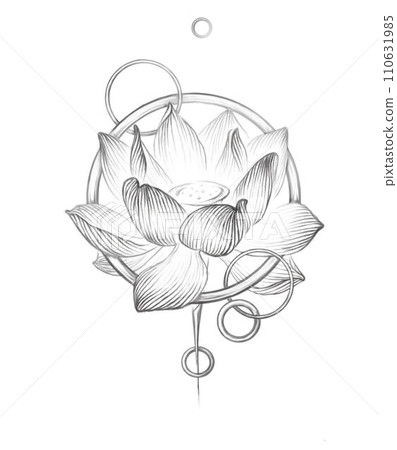 A hand-drawn lotus flower isolated on a white background. The linear drawing is black and white. A hand-drawn lotus flower isolated on a white background. The linear drawing is black and white. 110631985