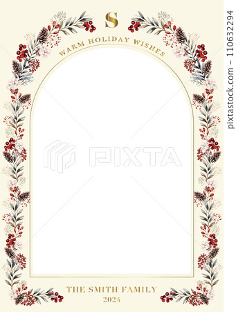 Card design with a stylish frame of plants and small flowers. Cream 110632294