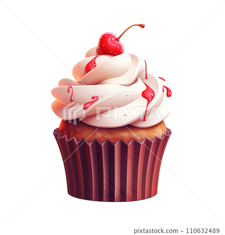 Cupcake with White Frosting and a Cherry. AI generated image 110632489