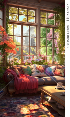 Living room with large French windows overlooking the garden, summer time, cozy living room in pastel colors Living room with large French windows overlooking the garden, summer time, cozy living room in pastel colors 110632687