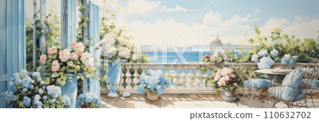 Watercolor illustration of colorful different potted flowers on a balcony or terrace, bright balcony with flowers, banner Watercolor illustration of colorful different potted flowers on a balcony or terrace, bright balcony with flowers, banner 110632702