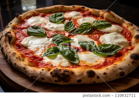 Neapolitan pizza close-up, delicious fresh pizza on a wooden table Neapolitan pizza close-up, delicious fresh pizza on a wooden table 110632711